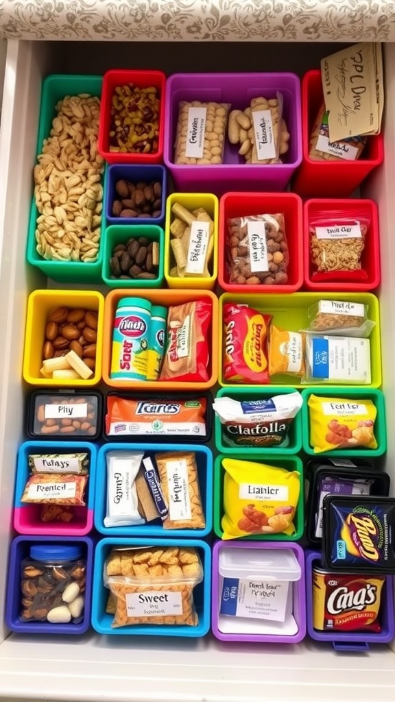 A neatly organized snack drawer with labeled containers of nuts, granola bars, and chips.